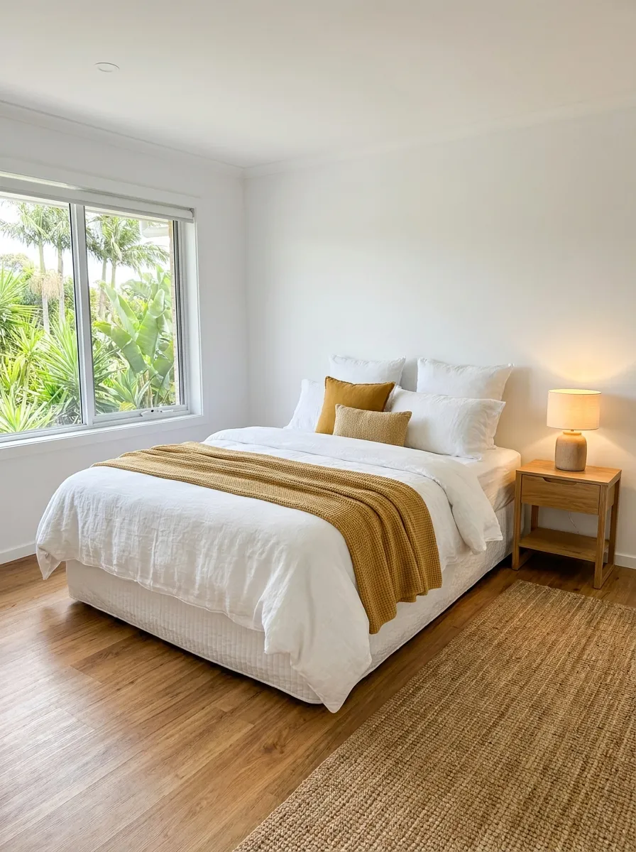 Second bedroom, bright, with a window looking onto palm trees in the garden