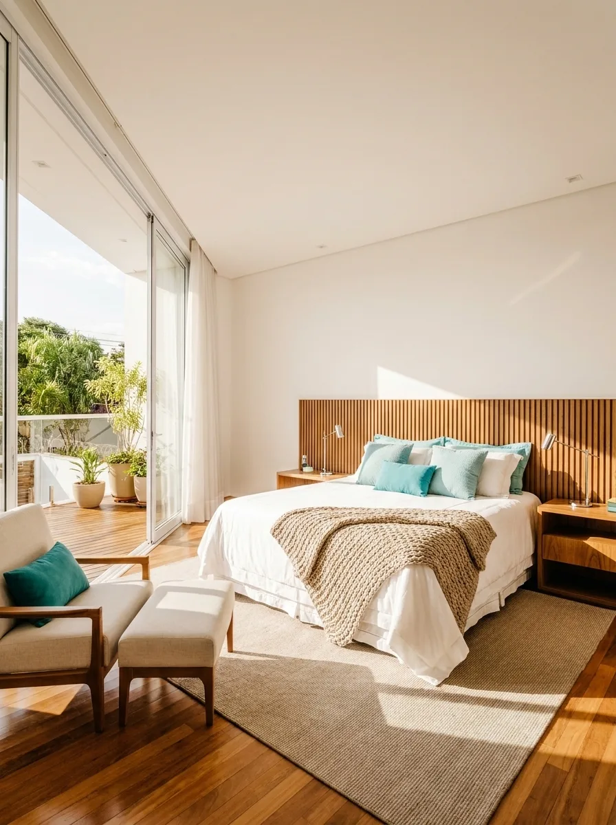 Main bedroom with a wood-slat headboard and a private balcony over the garden