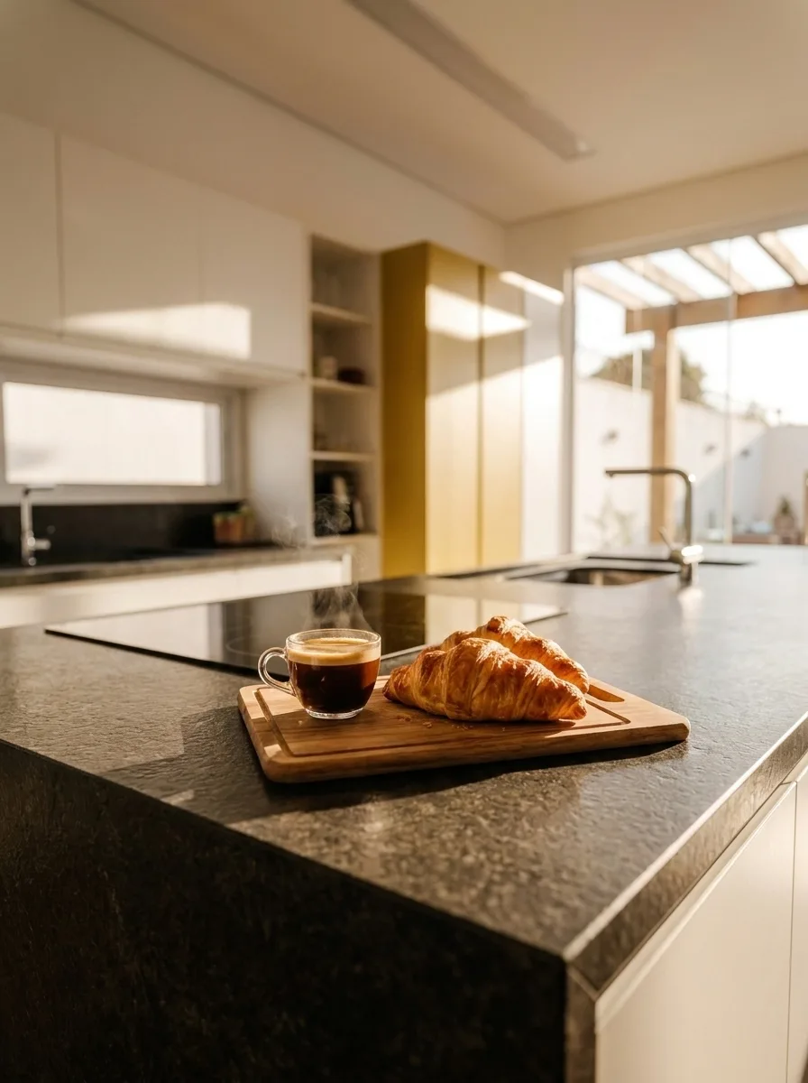 Espresso and croissants on the kitchen counter, terrace door open behind