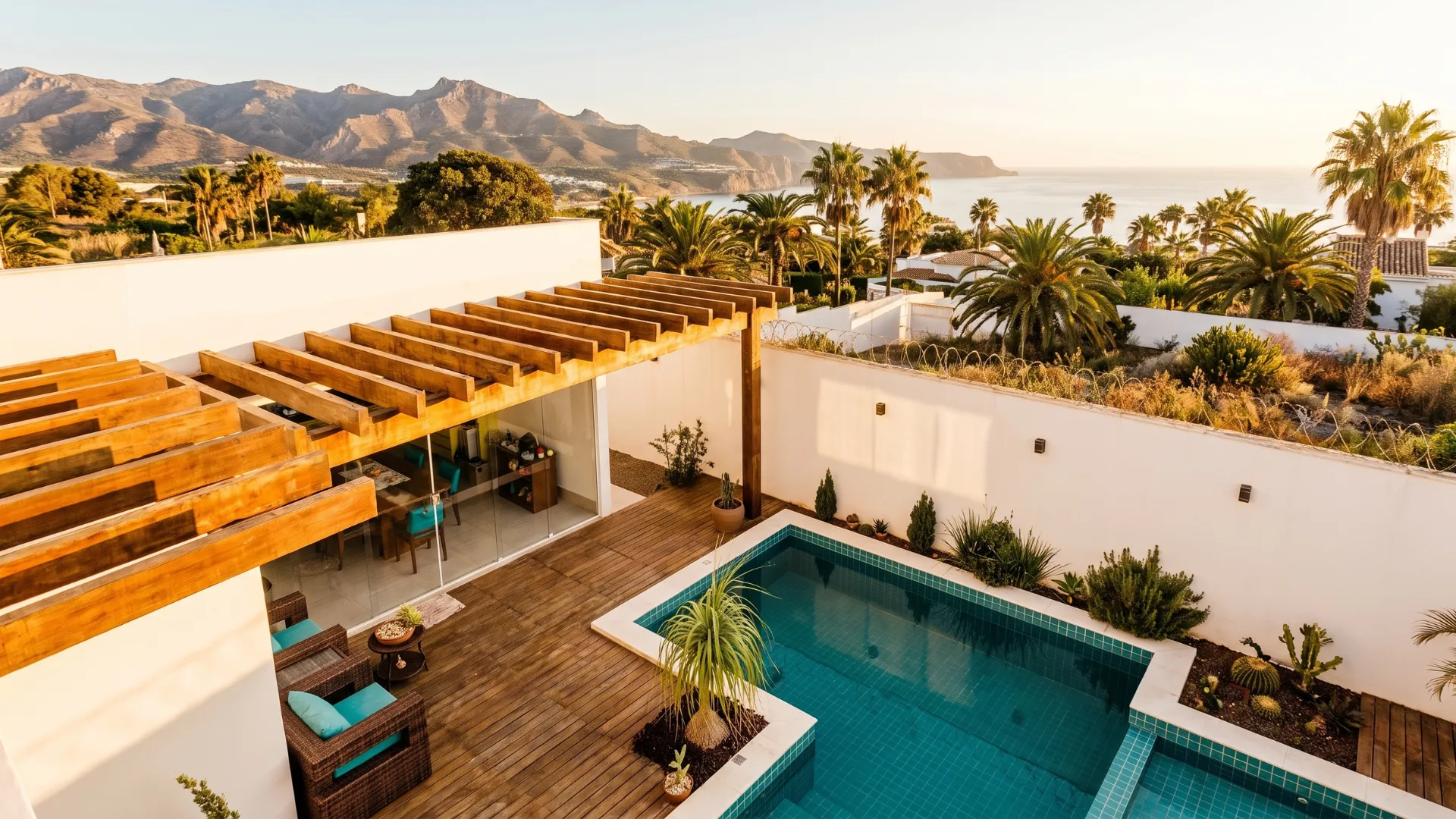 Aerial view of the villa, private pool and the Mediterranean beyond