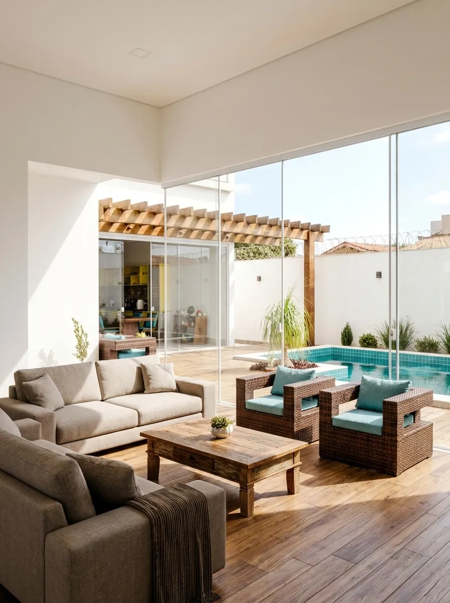 Living room with sliding glass doors opening directly onto the pool deck