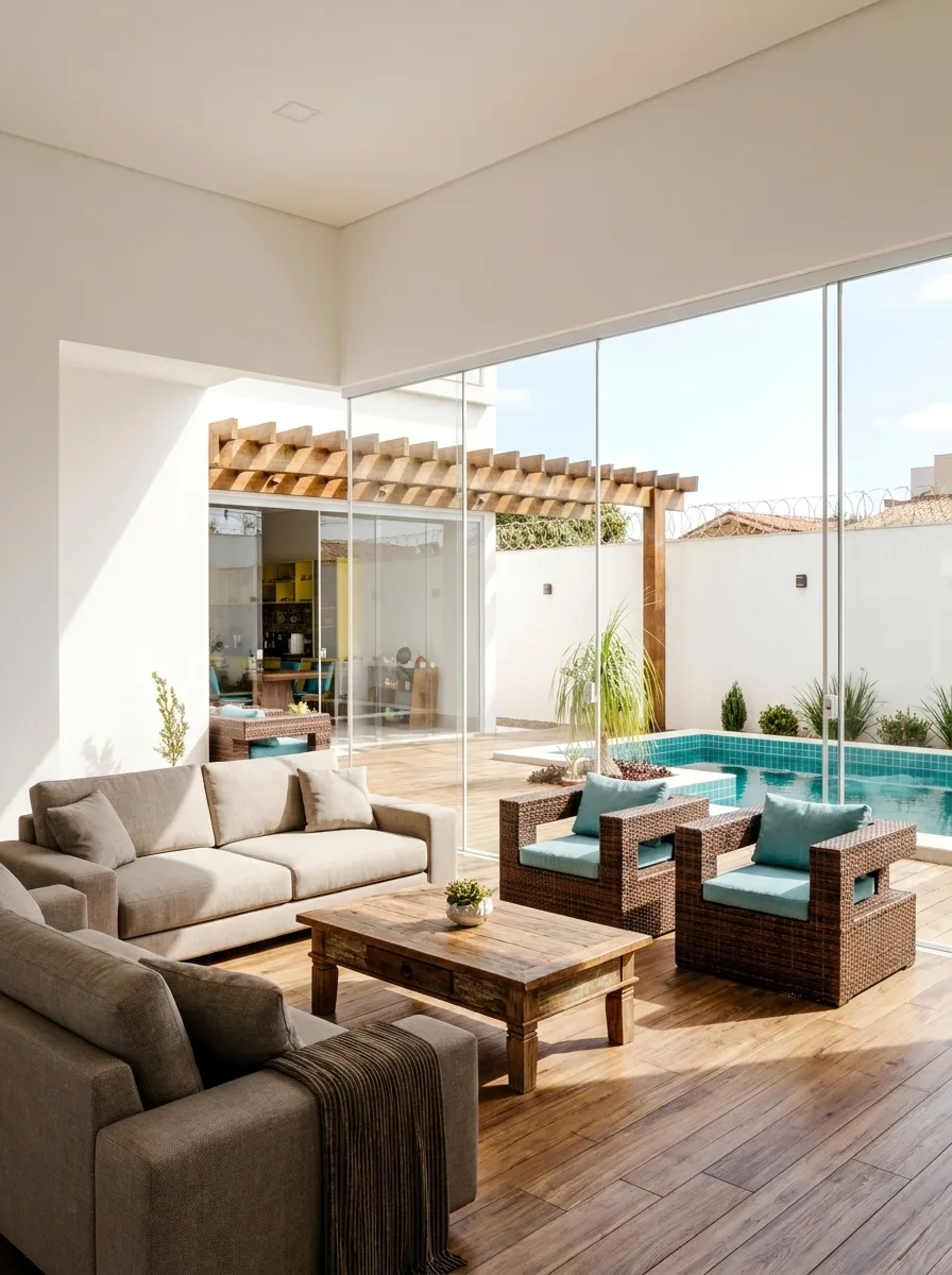 Living room with sliding glass doors opening directly onto the pool deck