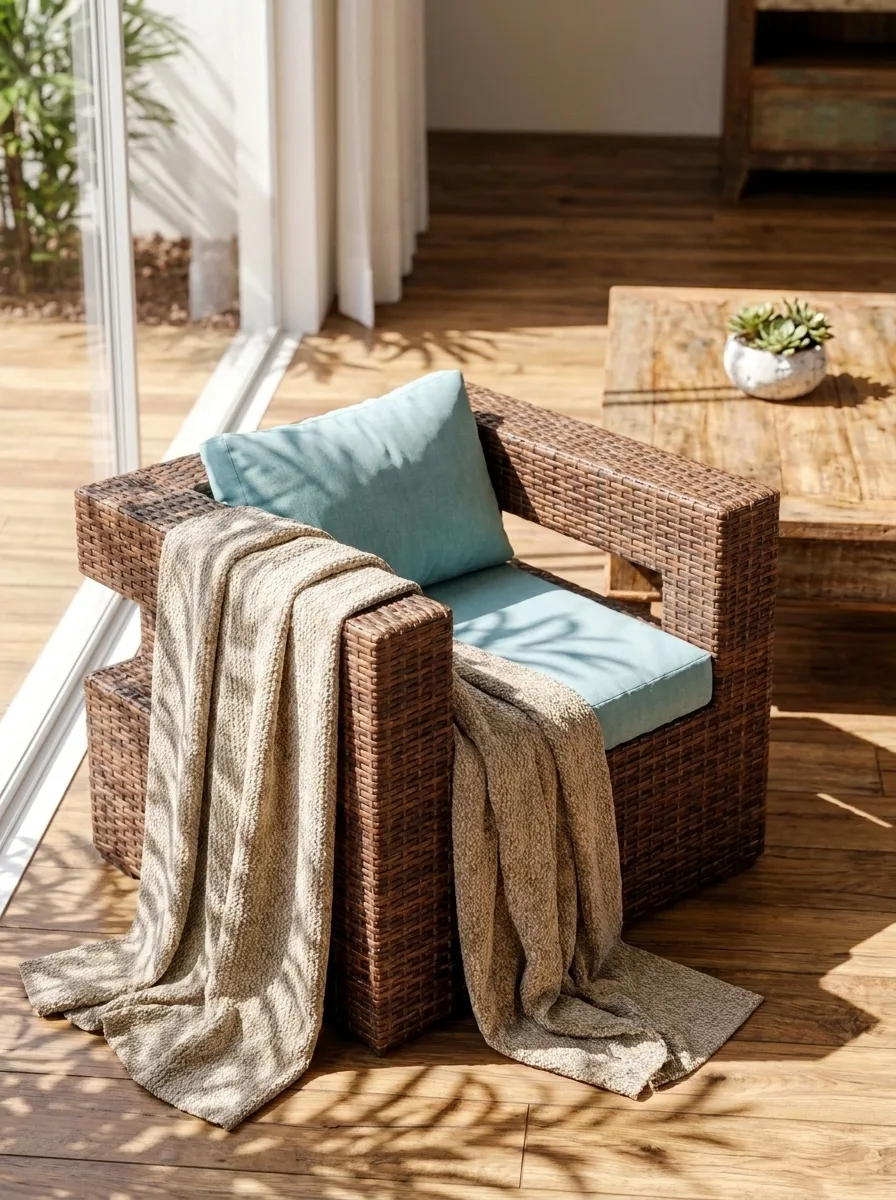 A woven armchair with a throw blanket on the sun-lit terrace deck